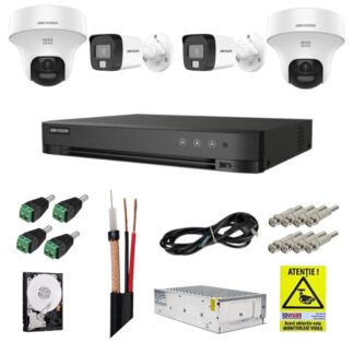 Sistem supraveghere Hikvision cu functii inteligente, 2 camere fixe 5MP, 2 camere rotative 3K 5MP, Audio bidirectional, Dual Light 20m, DVR, Accesorii montaj incluse [1]