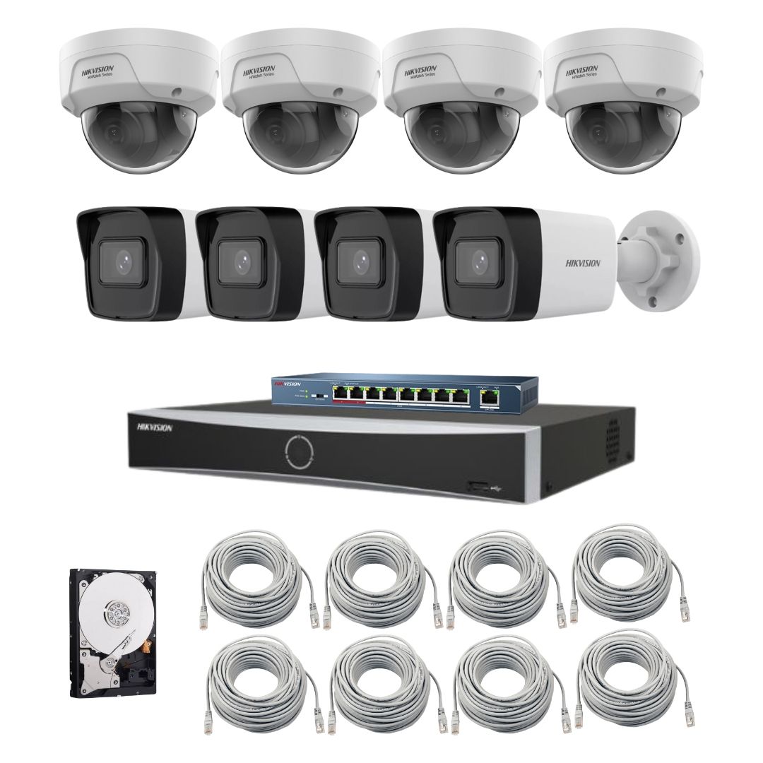 Sistem supraveghere IP Hikvision, Functii inteligente, 4 camere de interior, 4 camere de exterior, 4MP, IR 30m, PoE, NVR, Switch, Accesorii montaj incluse [1]
