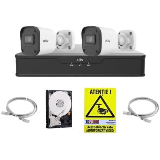 Sistem supraveghere IP UNV, 2 camere de exterior, 4MP, IR 30m, Microfon, PoE, Vizualizare pe mobil, NVR 4 canale, HDD 500GB, Accesorii [1]
