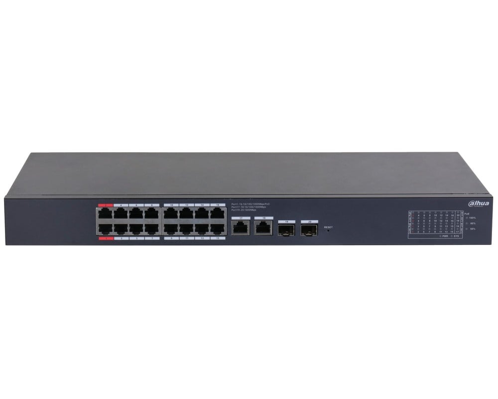Switch Dahua CS4220-16GT-135, 20 porturi, 16x PoE, 2x RJ45 Gb uplink, 2x SFP Gb uplink, 135W, management, Watchdog, CS4220-16GT-135 [1]