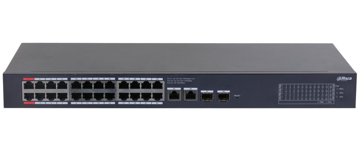 Switch 28 porturi Dahua, 24x PoE, 2x SFP, 2x RJ-45 Uplink, max 375W, Watchdog, management prin cloud, CS4228-24GT-375 [1]