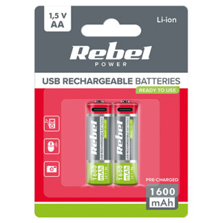 Acumulatori Li-ion AA R6 REBEL 1600mAh cu incarcare USB-C, set 2 bucati, baterii reincarcabile pentru dispozitive electronice