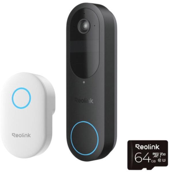 Kit sonerie wireless WiFi dual band Reolink D340B+CHIME+64GB, 4 MP, 1.2 mm, 2.4-5 GHz, 7000 mAh, PIR, microfon si difuzor, slot card
