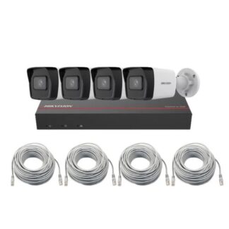 Sistem supraveghere IP Hikvision, 4 x camere IP 4 MP, IR 30m, PoE, 4 x cabluri, NVR, SSD 1 TB, Vizualizare imagini de pe mobil