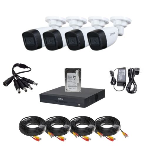 Kit supraveghere IP Dahua 4x camere Bullet 2MP lentila 2.8mm IR 30m microfon 4x cabluri DVR 4 canale max 6 canale IP pana la 6MP sursa alimentare Splitter distribuitor alimentare 4 camere hard disk 500GB