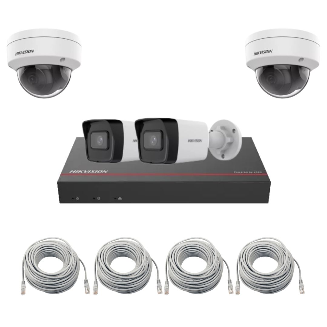 Kit supraveghere IP Hikvision 4x Camera 4MP lentila 2.8mm IR 30m NVR 8 canale max. 4MP 8 porturi PoE Patchcord cablu 20 metri