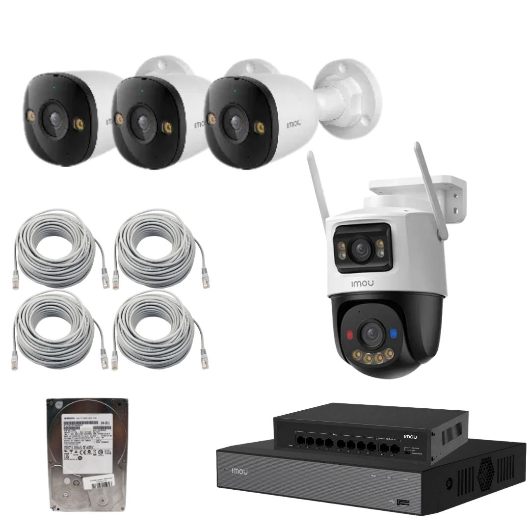 Kit supraveghere IMOU 3x Camera 8MP detectie AI audio bidirectional alarma sonora microSD 1x  Camera Wi-Fi exterior 10MP (5MP + 5MP) lentila 3.6mm cu rotire de pe mobil slot Micro SD IR 30 m swich POE NVR 10 canale 4k hard disk 1TB 4X Pat