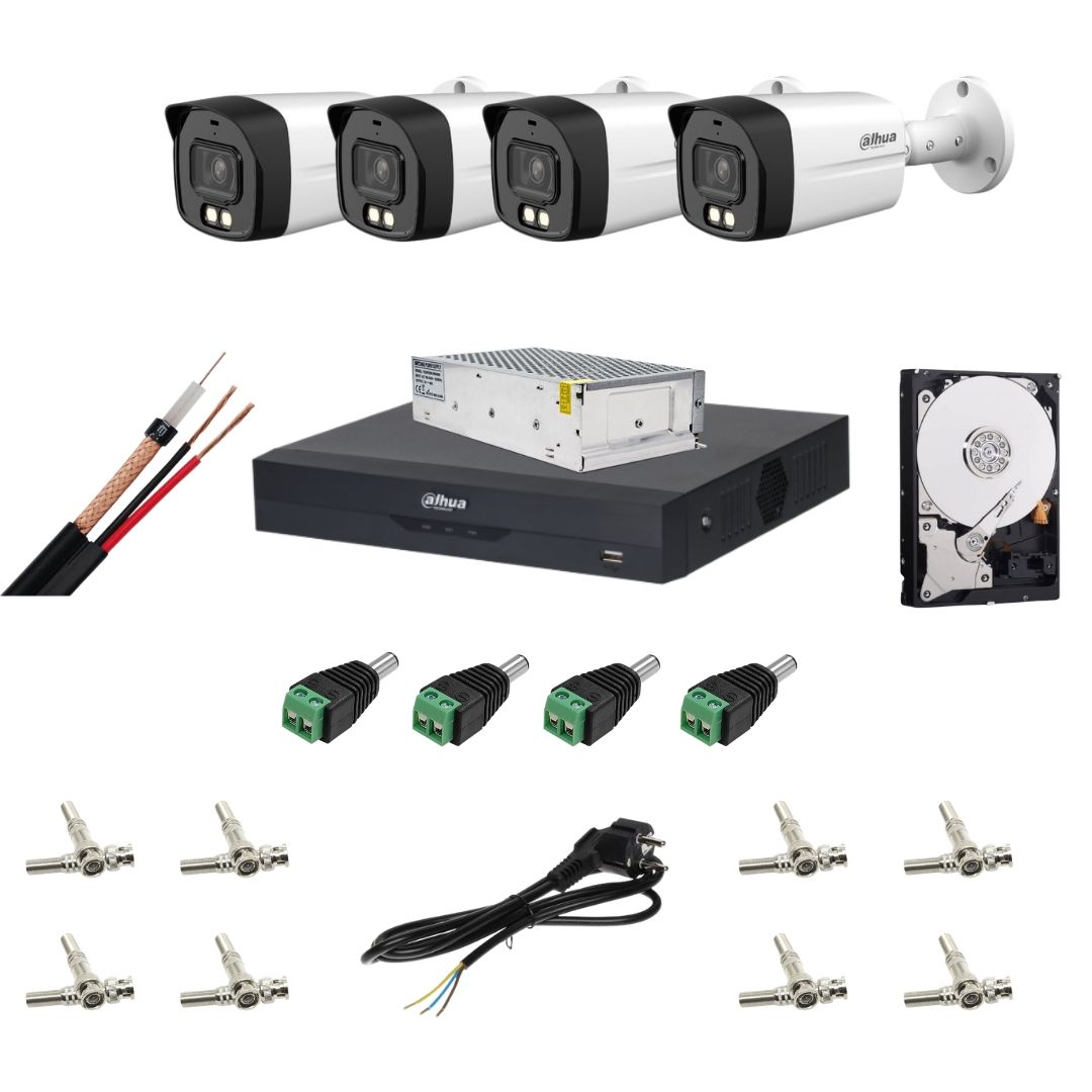 Sistem supraveghere analog, Dahua, 4x camera, 2MP, IR/lumina alba 40 m, lentila 2.8 mm, microfon, DVR max 6 canale IP pana la 6MP, cablu coaxial, 8x conector mufa BNC, sursa alimentare 120W, cablu alimentare retea, 4x mufa TATA, HDD 500GB [1]