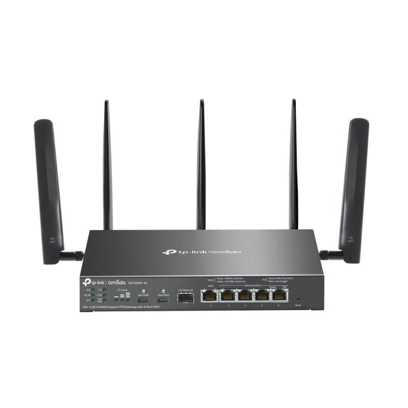 Router VPN 4G+ TP-Link Omada AX3000 WiFi 6 Dual-Band Cat6 LTE 300Mbps 4 porturi PoE+ Dual SIM SFP Gigabit ER706WP-4G