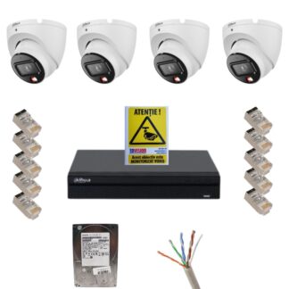 Kit supraveghere Dahua, 4 camere 8MP Smart Dual Light, IR 30m, lumina alba 30m,lentila 2.8mm, microfon, NVR Dahua 4 canale 12MP, Hard Disk 1TB, Mufă rețea RJ45, Cablu UTP CAT5E, Autocolant supraveghere video Rovision [1]