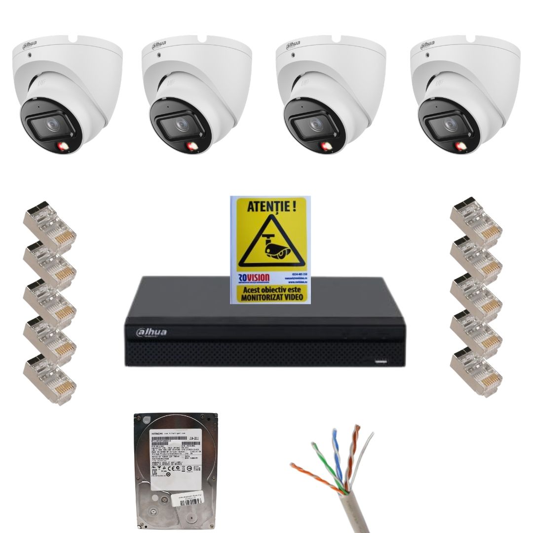 Kit supraveghere Dahua, 4 camere 8MP Smart Dual Light, IR 30m, lumina alba 30m,lentila 2.8mm, microfon, NVR Dahua 4 canale 12MP, Hard Disk 1TB, Mufă rețea RJ45, Cablu UTP CAT5E, Autocolant supraveghere video Rovision [1]
