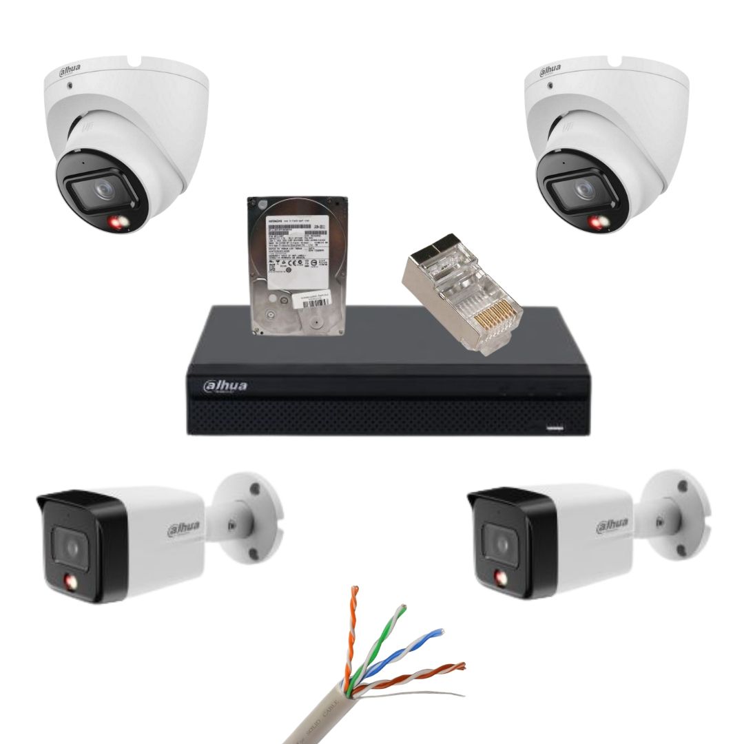Kit supraveghere Dahua, 4 camere 8MP, IR 30m, lumina alba 30m, lentila 2.8mm, microfon, NVR Dahua 4 canale, Cablu utp CAT5E, Mufa retea UTP RJ45, Hard Disk 1TB [1]
