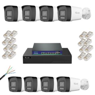 Kit supraveghere IP Hikvision Hilook, 8x Camera 4MP lentila 2.8mm,  iluminare duala 30m, 2.8mm, microfon, difuzor, slot microSD, PoE, IP67, NVR 8 canale 4K 8MP, Switch PoE AI Watchdog, Cablu CAT6 FTP, 16 Mufe RJ45 CAT6 [1]