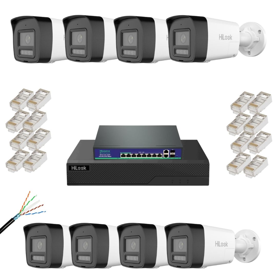 Kit supraveghere IP Hikvision Hilook, 8x Camera 4MP lentila 2.8mm,  iluminare duala 30m, 2.8mm, microfon, difuzor, slot microSD, PoE, IP67, NVR 8 canale 4K 8MP, Switch PoE AI Watchdog, Cablu CAT6 FTP, 16 Mufe RJ45 CAT6 [1]