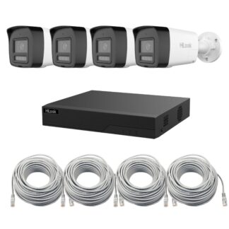 Kit supraveghere 4 camere IP Hikvision HiLook 6MP, lentila 2.8mm, Iluminare duala 30m, Microfon si difuzor, PoE, IP67, NVR PoE 4 canale, 4 porturi, Patchcord cablu UTP