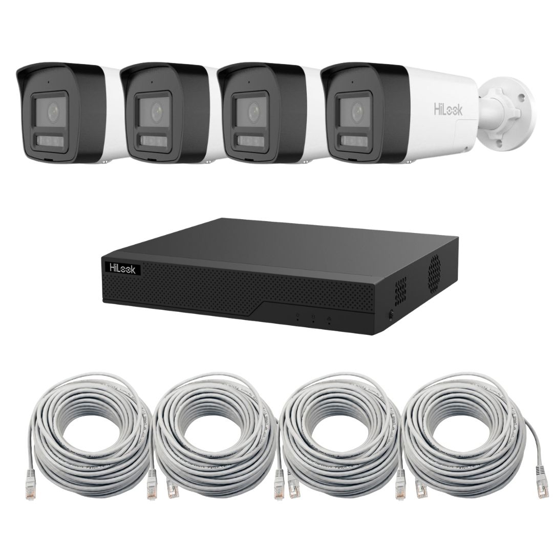 Kit supraveghere 4 camere IP Hikvision HiLook 6MP, lentila 2.8mm, Iluminare duala 30m, Microfon si difuzor, PoE, IP67, NVR PoE 4 canale, 4 porturi, Patchcord cablu UTP [1]