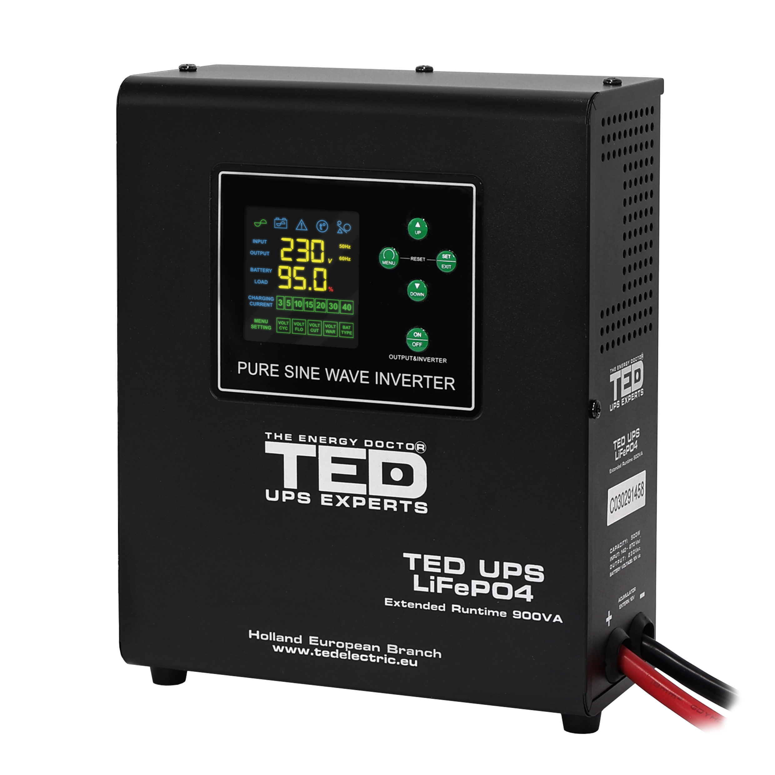 UPS cu runtime extins TED Electric, 900VA, 500W, sinusoidala pura, AVR, acumulator extern 12V LiFePO4 sau plumb-acid, montare pe perete, 2 prize Schuko, A0116704 - imagine 2