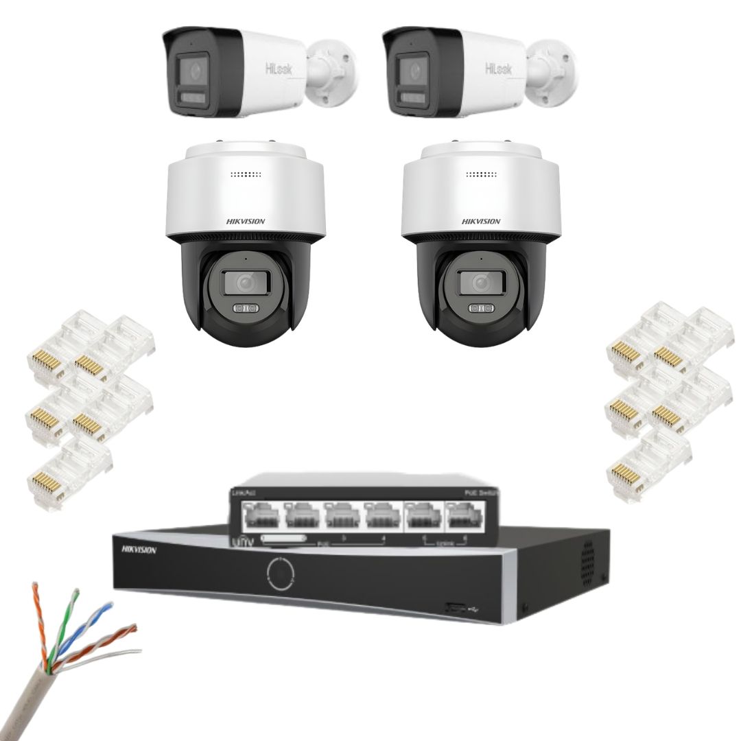 Kit supraveghere IP Hikvision profesional, 2 camere 8MP, microfon, difuzor, 2 camere rotative 4MP, IR 30m, Audio, PoE, NVR, cablu UTP, mufa RJ45, Switch POE [1]