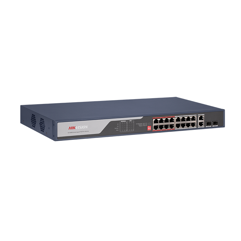 Switch PoE Hikvision, 16 porturi PoE 10/100 Mbps, 2 porturi combo Gigabit, buget PoE 225W, Long Range 300m, PoE Watchdog, DS-3E0318P-E(C) - imagine 2