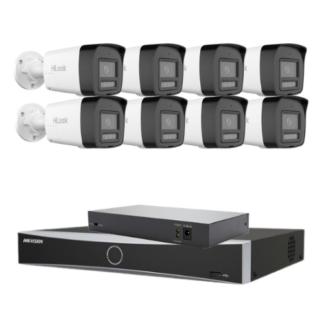 Sistem supraveghere IP 4K pentru spatii comerciale cu 8 camere 8MP Dual Light 30m, audio bidirectional, NVR Hikvision 16 canale AcuSense, Switch PoE
