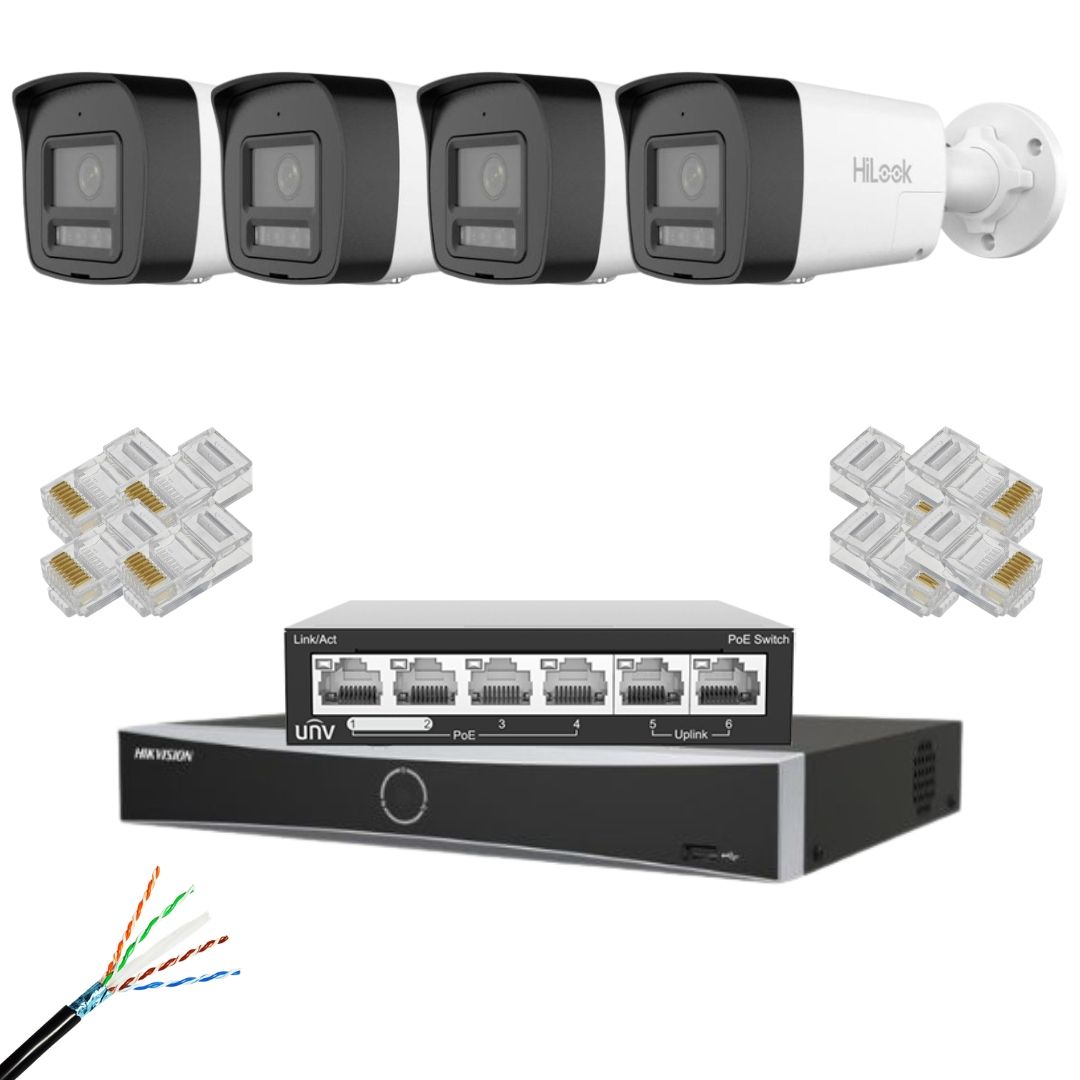 Sistem supraveghere video IP HiLook 4 camere 8MP 4K pentru locuinta sau spatii comerciale, Iluminare duala 30m, Microfon si difuzor, Alarma sonora si luminoasa, Vizualizare de pe telefon [1]