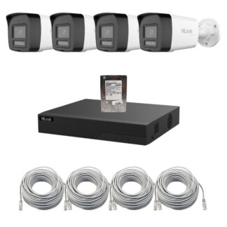 Sistem supraveghere video IP HiLook 4 camere 6MP pentru curte si locuinta, Iluminare duala 30m, Microfon si difuzor, Alarma activa, NVR PoE 4 canale, HDD 1TB inclus, Vizualizare de pe telefon