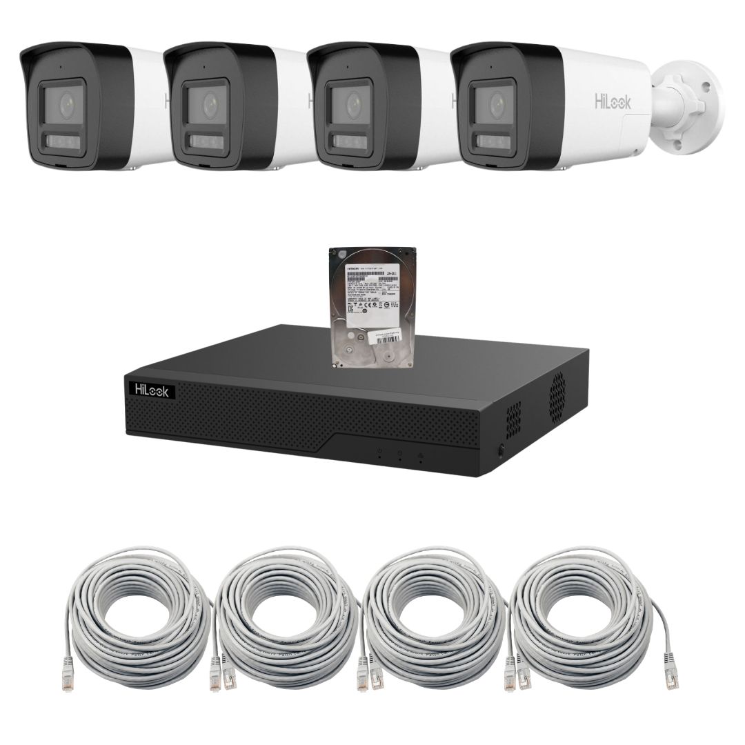 Sistem supraveghere video IP HiLook 4 camere 6MP pentru curte si locuinta, Iluminare duala 30m, Microfon si difuzor, Alarma activa, NVR PoE 4 canale, HDD 1TB inclus, Vizualizare de pe telefon