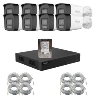 Sistem supraveghere video IP HiLook 8 camere 6MP pentru curte si spatii comerciale, Iluminare duala 30m, Microfon si difuzor, Alarma sonora si luminoasa, NVR PoE 8 canale, HDD 1TB inclus, Vizualizare de pe telefon