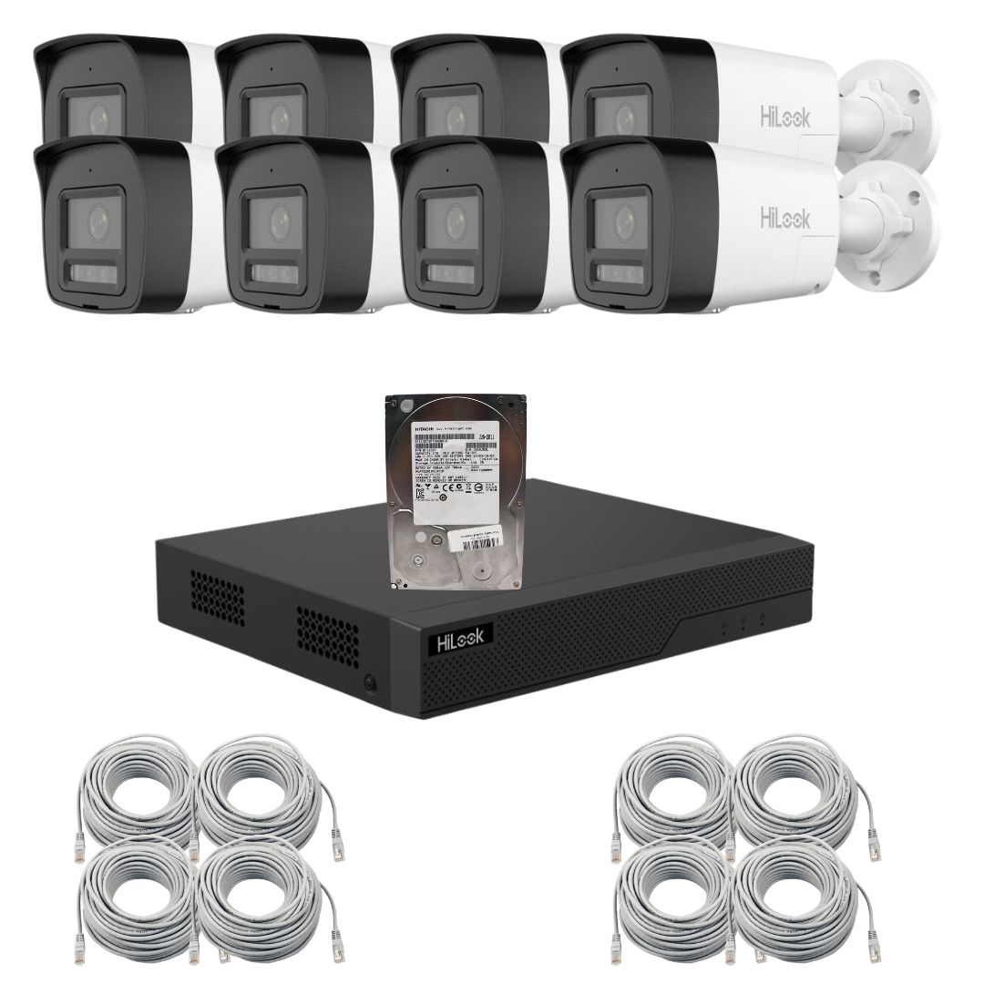 Sistem supraveghere video IP HiLook 8 camere 6MP pentru curte si spatii comerciale, Iluminare duala 30m, Microfon si difuzor, Alarma sonora si luminoasa, NVR PoE 8 canale, HDD 1TB inclus, Vizualizare de pe telefon