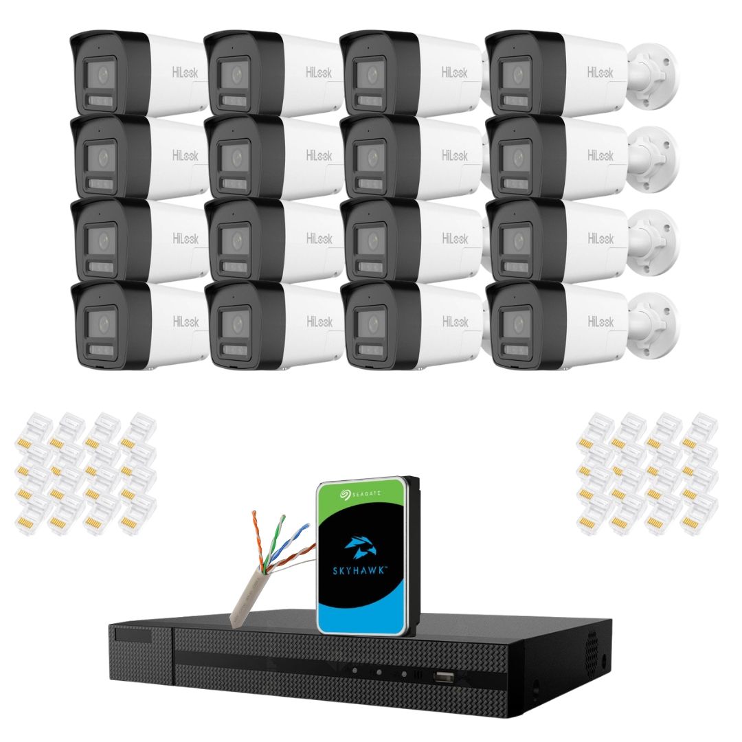 Sistem supraveghere video IP HiLook 16 camere 6MP pentru curte, depozite si spatii comerciale, Iluminare duala 30m, Microfon si difuzor, Alarma activa, Detectie inteligenta, NVR 16 canale, HDD 2TB, Vizualizare de pe telefon