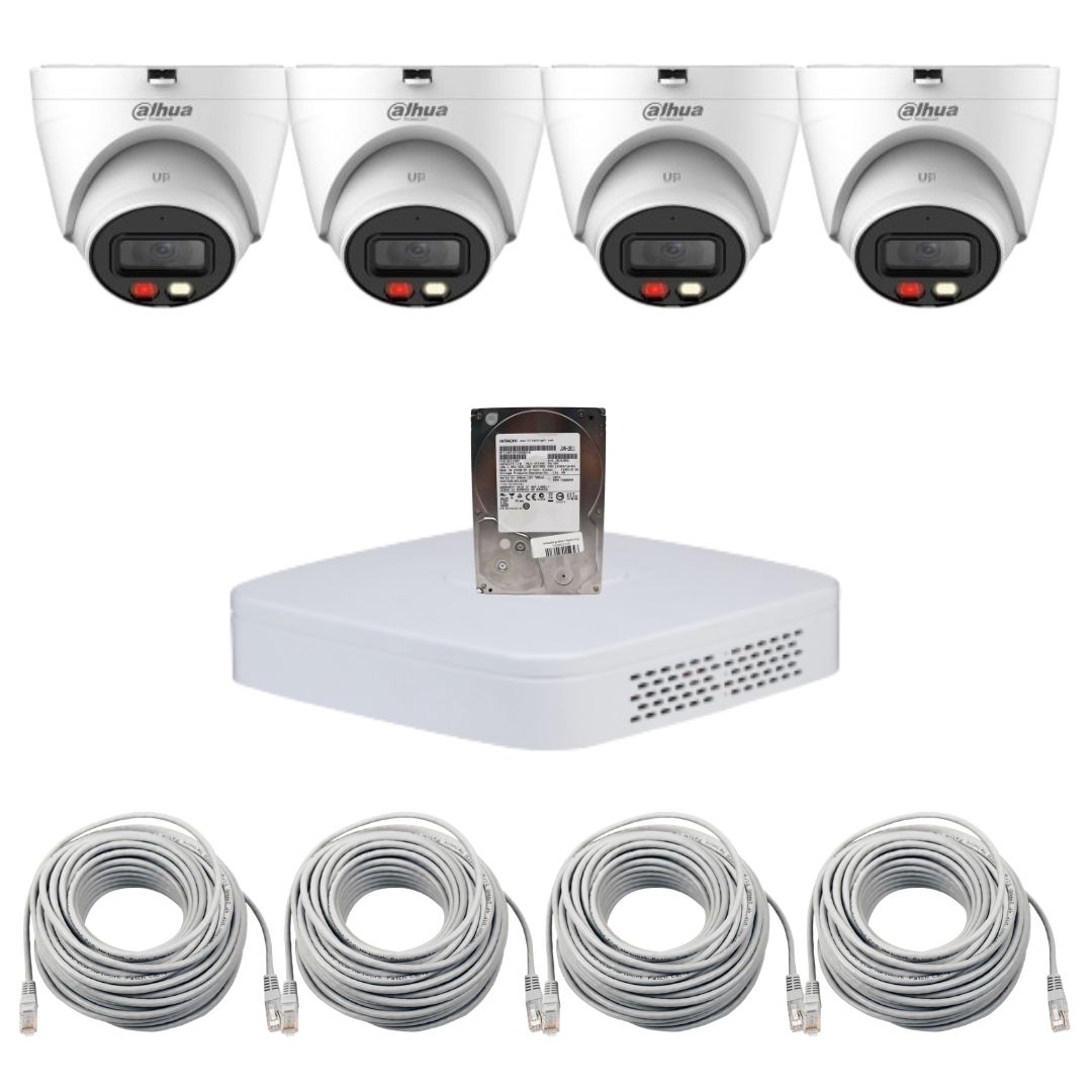 Sistem supraveghere video IP Dahua 4 camere 4MP 2K pentru curte si locuinta, Iluminare duala 30m, Microfon incorporat, Detectie inteligenta persoane, NVR PoE, HDD 1TB, Vizualizare de pe telefon