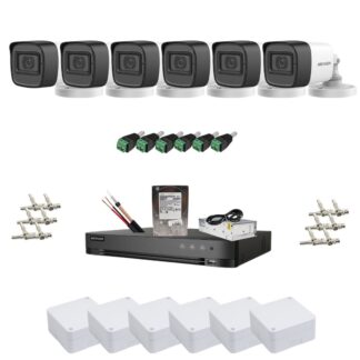 Sistem supraveghere video analog, Hikvision Turbo HD 6 camere 5MP pentru locuinte si spatii comerciale, IR 25m, Microfon incorporat, Detectie inteligenta AcuSense, DVR 8 canale, HDD 1TB, Accesorii montaj, Vizualizare de pe telefon