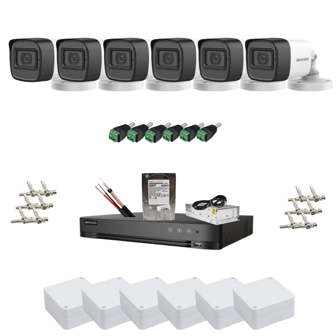 Sistem supraveghere video analog, Hikvision Turbo HD 6 camere 5MP pentru locuinte si spatii comerciale, IR 25m, Microfon incorporat, Detectie inteligenta AcuSense, DVR 8 canale, HDD 1TB, Accesorii montaj, Vizualizare de pe telefon