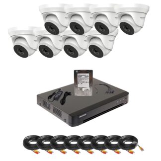 Sistem supraveghere video analogic Turbo HD Hikvision HiWatch, 8 camere 5MP pentru locuinte, magazine sau depozite, Vedere nocturna IR 20m, Detectie inteligenta persoane si vehicule AcuSense, DVR 8 canale, HDD, Cabluri 10m, Vizualizare de pe telefon