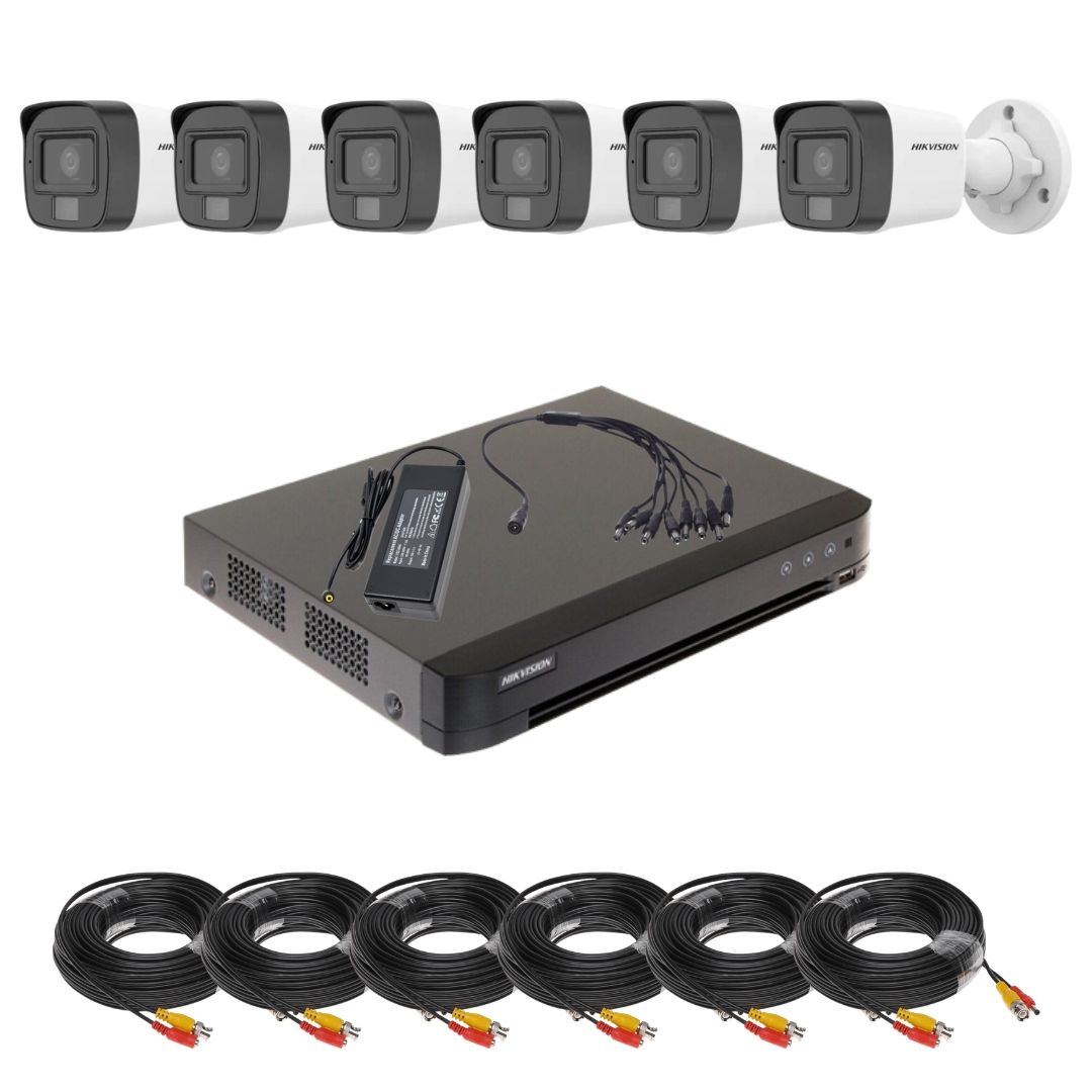 Sistem supraveghere analogic Turbo HD Hikvision, 6 camere 5MP 3K pentru locuinte, magazine si depozite, Iluminare duala IR 25m si lumina alba 20m, Microfon incorporat, Detectie inteligenta AcuSense, DVR 8 canale, Cabluri 10m, Vizualizare de pe telefon