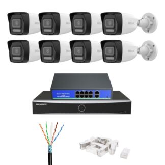 Sistem supraveghere video IP HiLook 8 camere 8MP 4K pentru casa, curte si spatii comerciale, Iluminare duala 30m, Microfon, Detectie inteligenta persoane si vehicule, NVR Hikvision 16 canale AcuSeek, PoE, Vizualizare de pe telefon