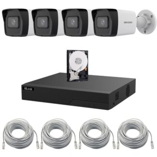 Sistem supraveghere video IP Hikvision 4 camere 4MP pentru casa si curte, IR 30m, Lentila 2.8mm, NVR HiLook 4 canale PoE, HDD, Vizualizare de pe telefon