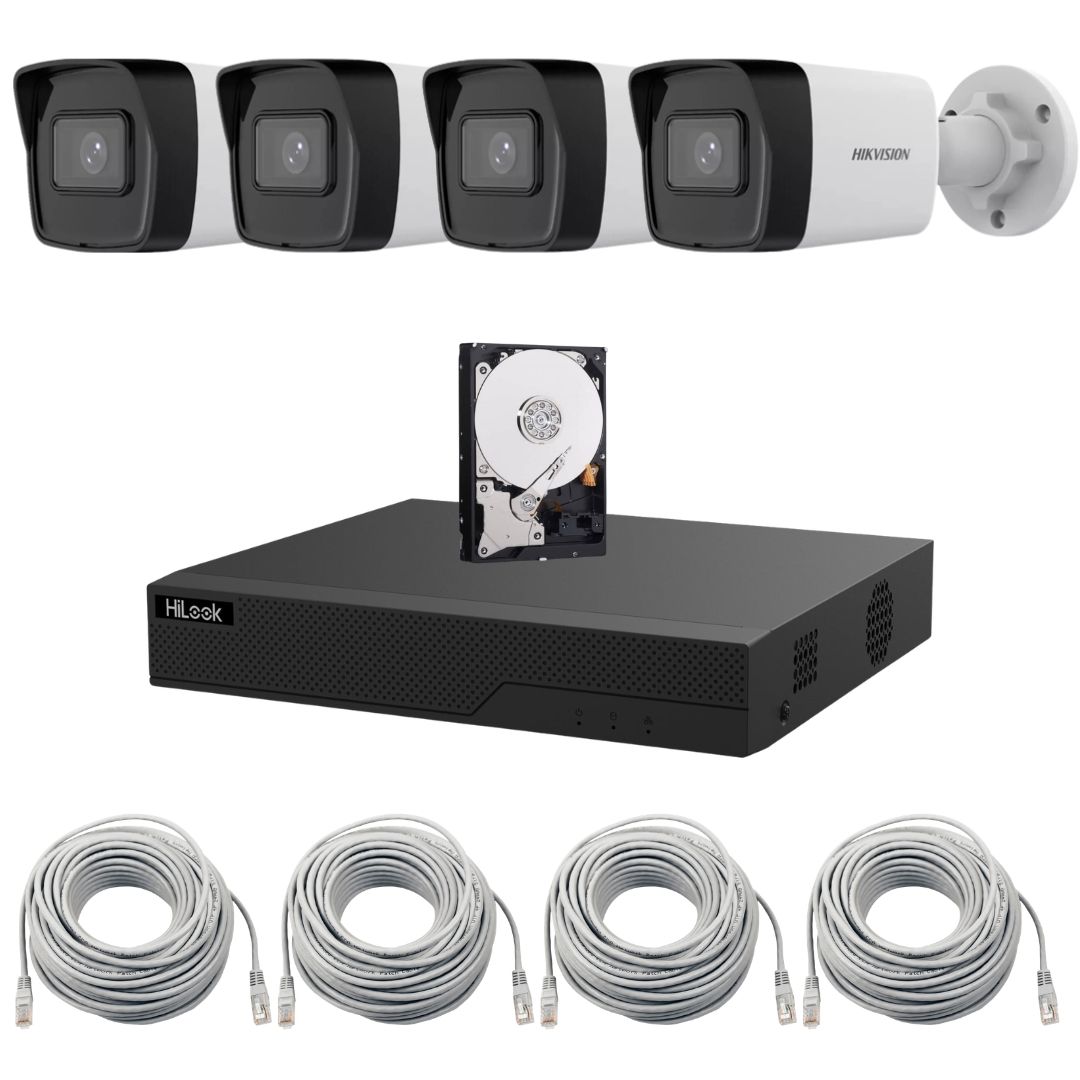 Sistem supraveghere video IP Hikvision 4 camere 4MP pentru casa si curte, IR 30m, Lentila 2.8mm, NVR HiLook 4 canale PoE, HDD, Vizualizare de pe telefon