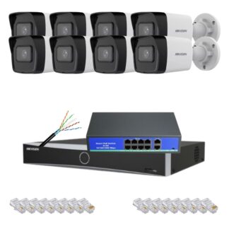 Sistem supraveghere video IP Hikvision 8 camere 4MP 2K pentru locuinte, garaje sau spatii comerciale, IR 30m EXIR 2.0, Detectie persoane si vehicule, NVR 8 canale AcuSense, Switch PoE, Cablu CAT6 100m, Acces de pe telefon