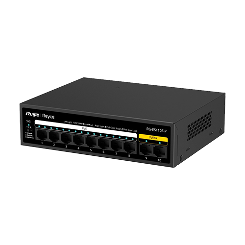 Switch L2, 8 x RJ45 10/100 Mbps PoE, 2 x RJ45 10/100 Mbps, Unmanaged - Ruijie Reyee RG-ES110F-P