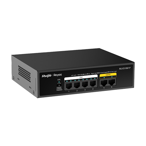 Switch L2, 4 x RJ45 10/100 Mbps PoE, 2 x RJ45 10/100 Mbps, Unmanaged - Ruijie Reyee